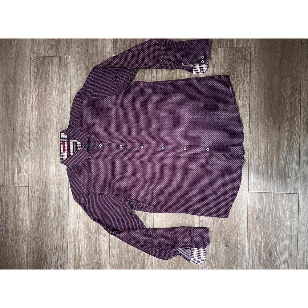 Johnston & Murphy Men's Long Sleeve Button-Up Burgundy w/ Patterned Cuffs, Large